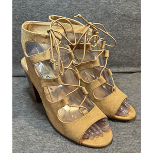 CL by LAUNDRY Tan Shoes Open Toe Block Heel Straps Lace Up - Women's Size 10